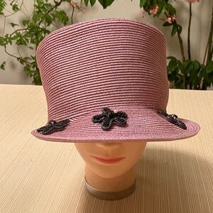 Elegant Pink Metallic Women's Hat with Black Beaded Floral Accents